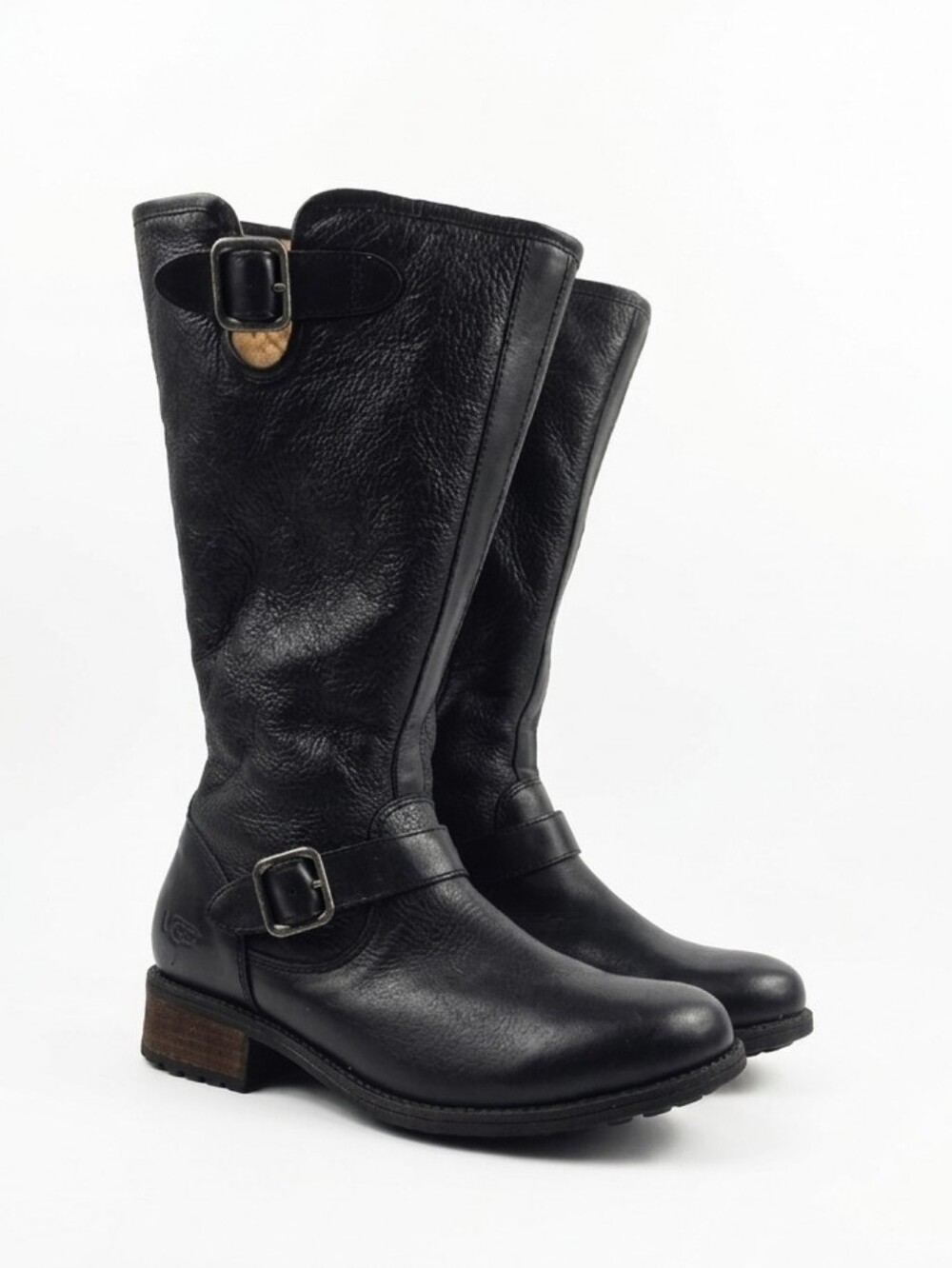 UGG Chancery‎ Bomber Leather Shearling Lined Tall Black Buckle Boots Women's 8